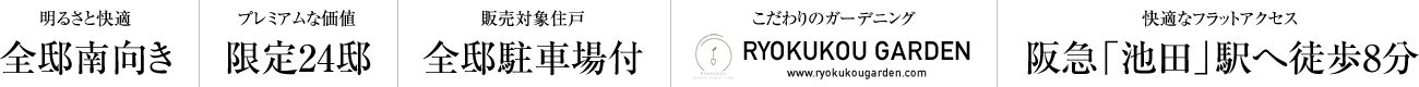明るさと快適 全邸南向き｜プレミアムな価値 限定24邸｜販売対象住戸 全邸駐車場付｜こだわりのガーデニング RYOKUKOU GARDEN｜快適なフラットアクセス 阪急「池田」駅へ徒歩8分
