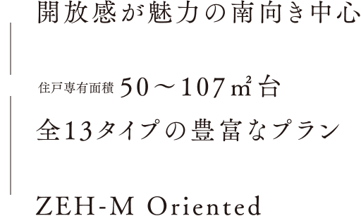 ●開放感が魅力の南向き中心 ●住戸専有面積50〜107㎡台 全13タイプの豊富なプラン ●ZEH-M Oriented
