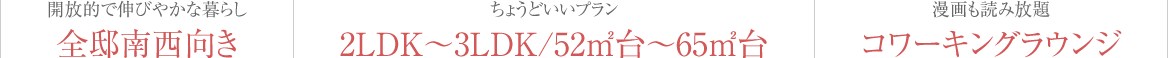 開放的で伸びやかな暮らし「全邸南西向き」｜ちょうどいいプラン「2LDK〜3LDK/52㎡台〜65㎡台」｜漫画も読み放題「コワーキングラウンジ」